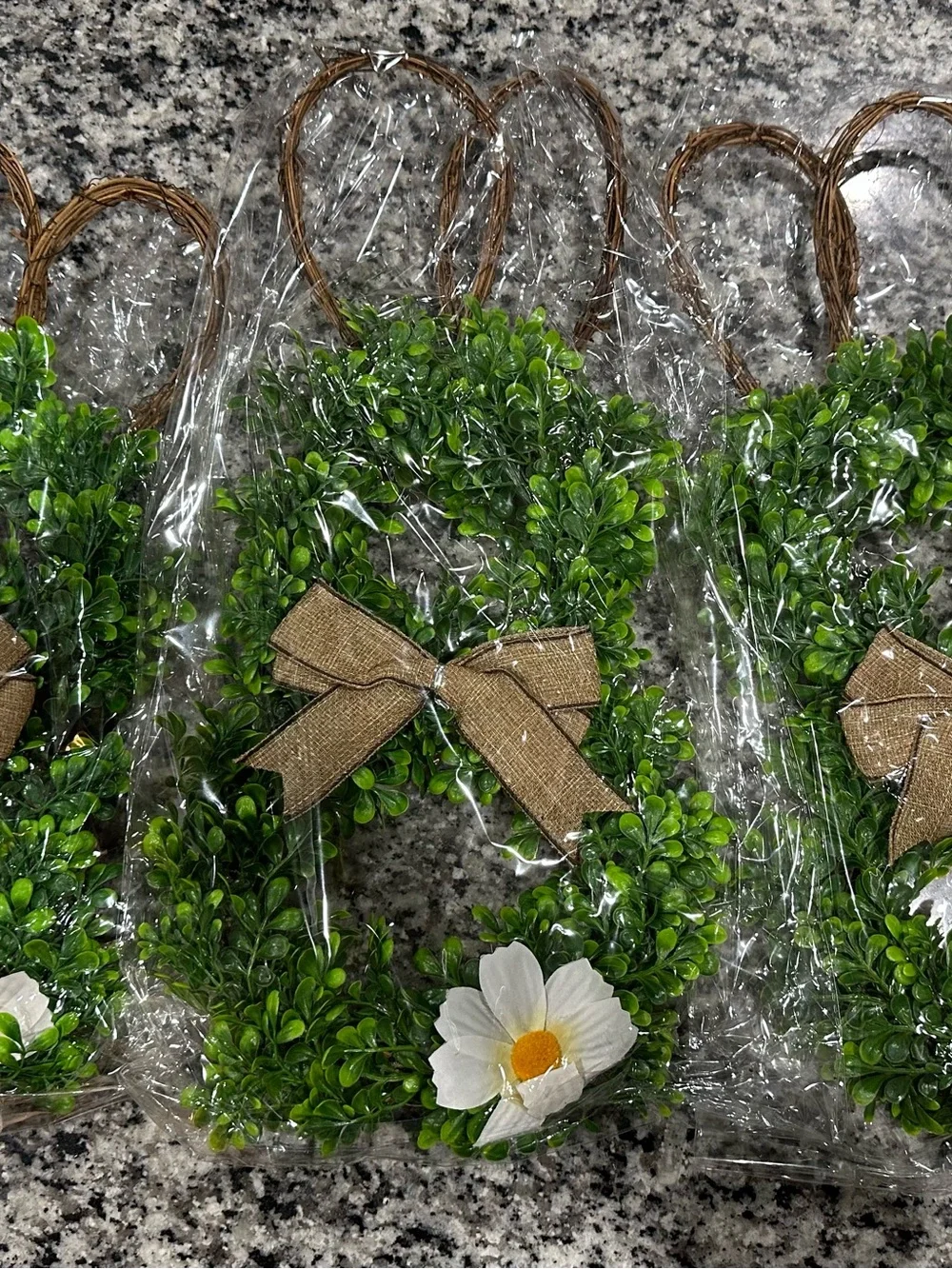 New In Bag Boxwood Bunny Wreath with Burlap Bow and White Daisy-Set of 3